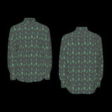 Front and back of green and black patterned long sleeve shirt on a black background