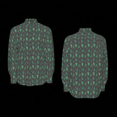 Front and back of green and black patterned long sleeve shirt on a black background