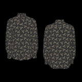 Front and back of a patterned long sleeve shirt on a black background