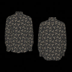 Front and back of a patterned long sleeve shirt on a black background