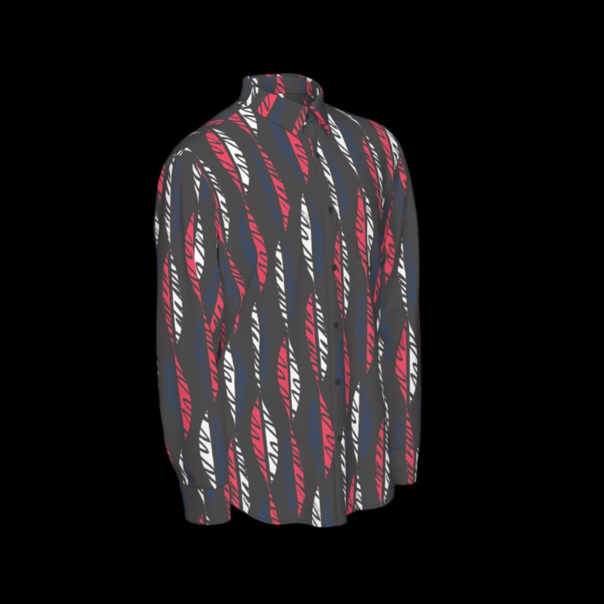 Right side of black shirt with red and white pattern on a black background