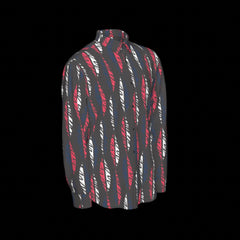 Right side of black shirt with red and white pattern on a black background