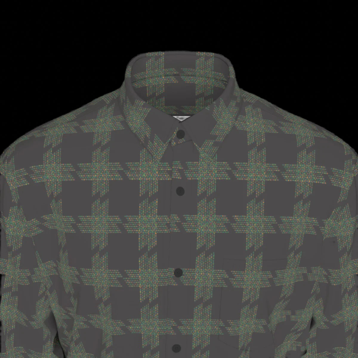 Top front of muted colorful plaid shirt on a black background