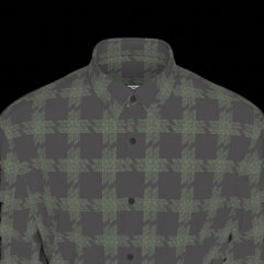 Top front of muted colorful plaid shirt on a black background