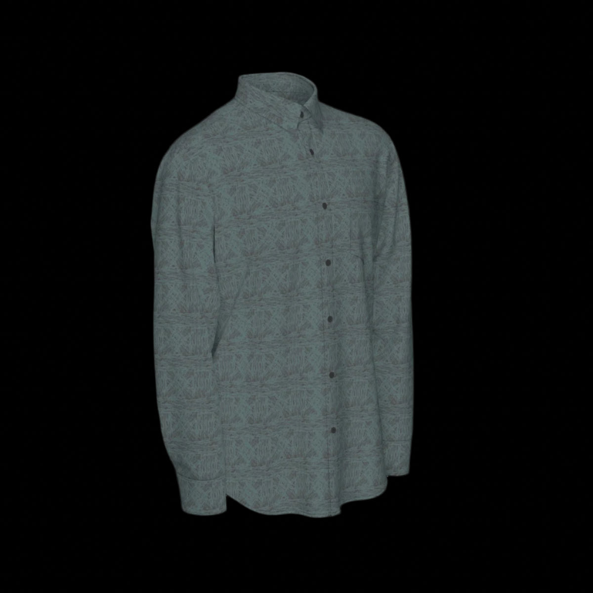Right side of a green textured long sleeve shirt on a black background