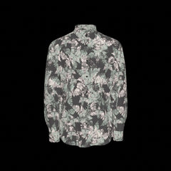 Front of floral patterned shirt on a black background