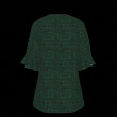 Back of green blouse with geometric pattern on a black background