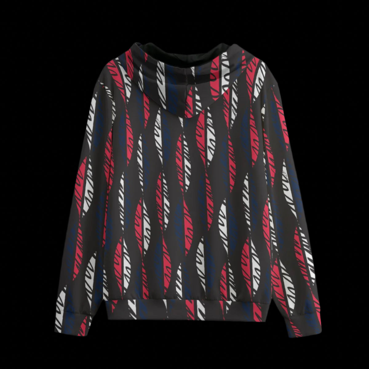 Back of a patterned hoodie with geometric design on a black background