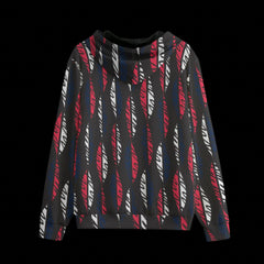 Back of a patterned hoodie with geometric design on a black background
