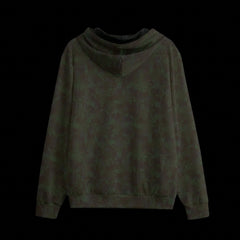 Back of a hoodie with a geometric pattern on a black background