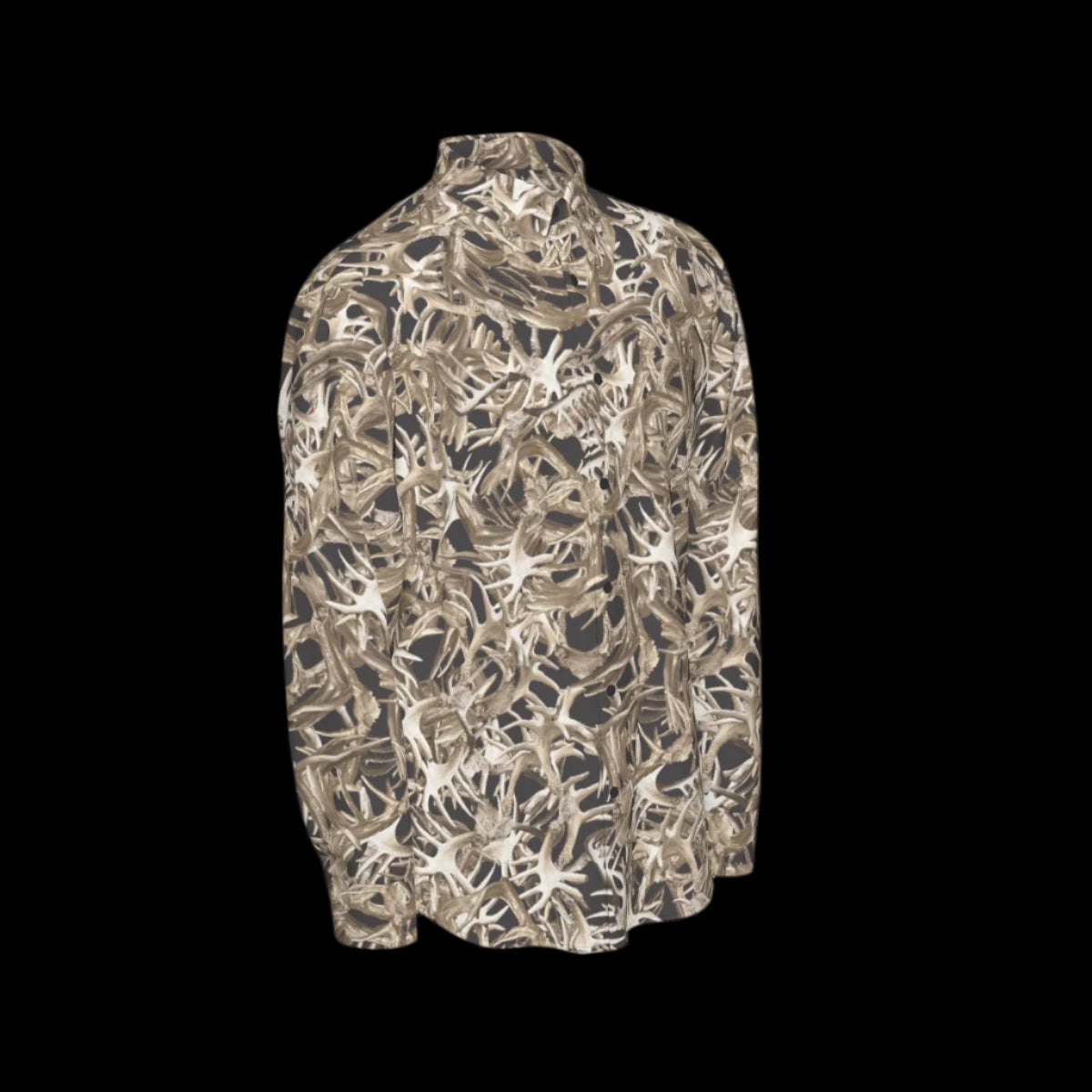 Right side of a camouflage-patterned long sleeve shirt on a black background