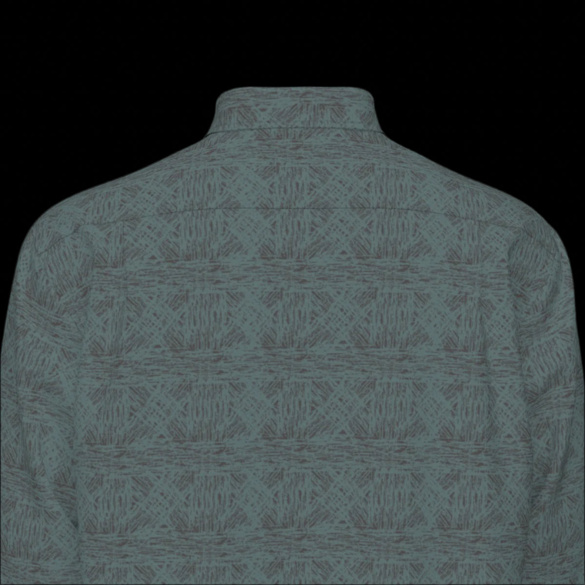 Top back of a green textured long sleeve shirt on a black background