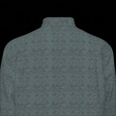 Top back of a green textured long sleeve shirt on a black background
