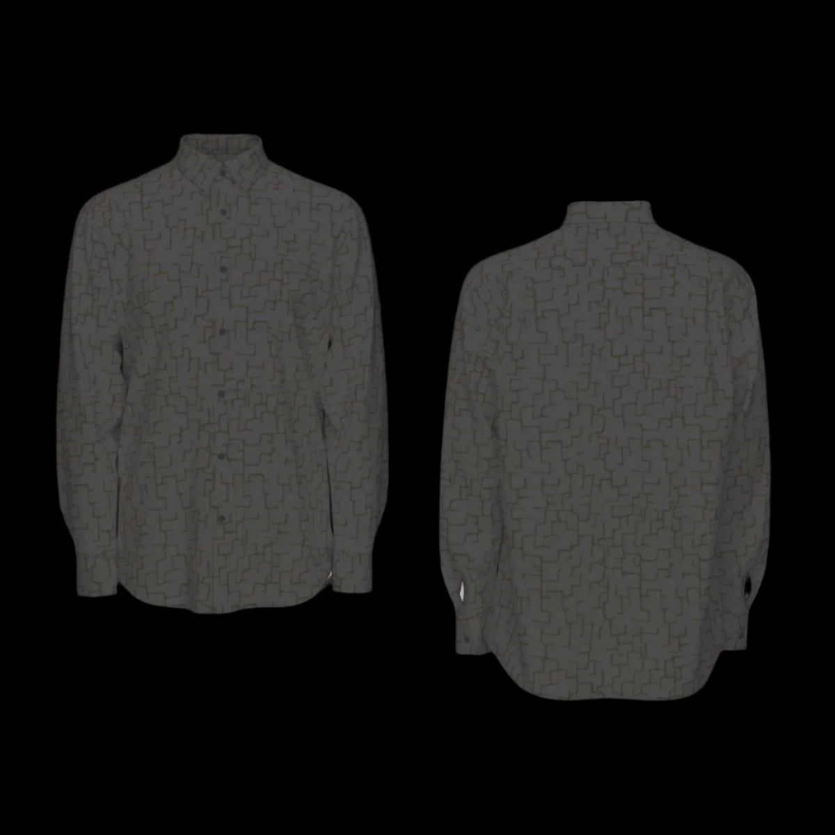Front and back of a camouflage-patterned long sleeve shirt on a black background