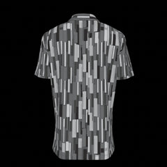 Back of short-sleeve shirt with geometric pattern on a black background