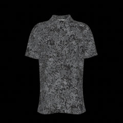 Front of black and gray camouflage patterned button-down shirt on a black background