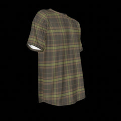 Right side of green and brown plaid t-shirt on a black background
