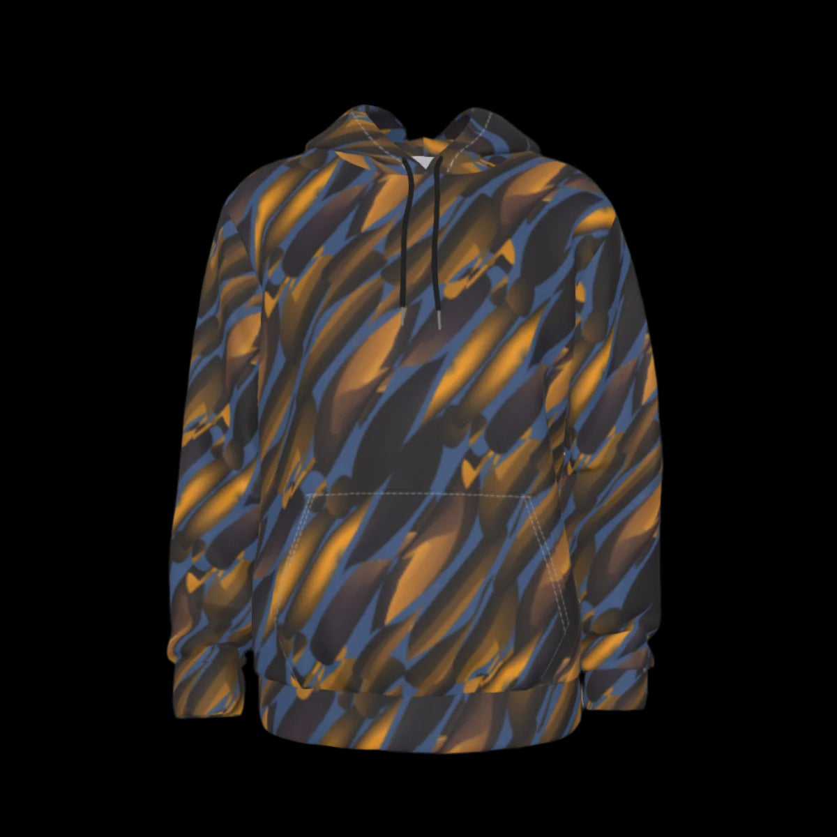 Front of hoodie with blue and orange abstract pattern on a black background