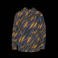 Front of hoodie with blue and orange abstract pattern on a black background