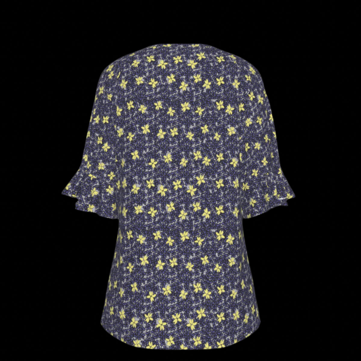 Back of navy blue blouse with yellow floral pattern on a black background