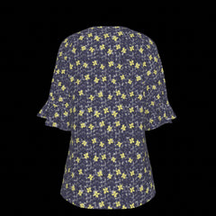 Back of navy blue blouse with yellow floral pattern on a black background