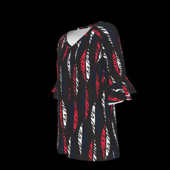 Left side of black blous with red and white pattern on a black background