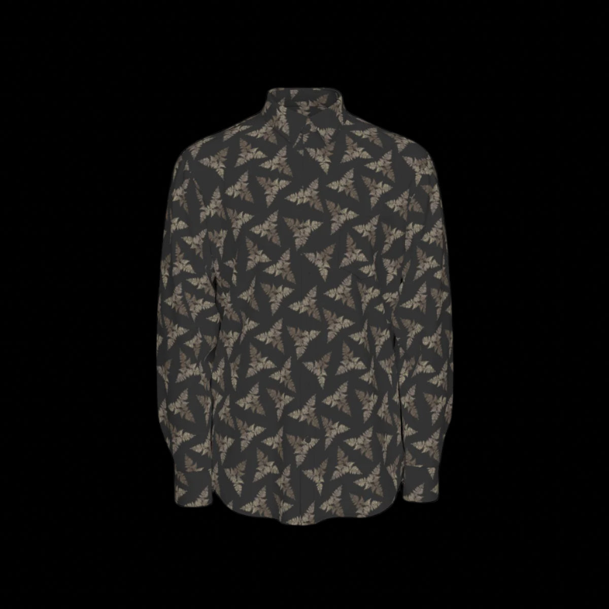 Front of a patterned long sleeve shirt on a black background