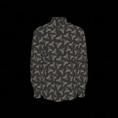 Front of a patterned long sleeve shirt on a black background
