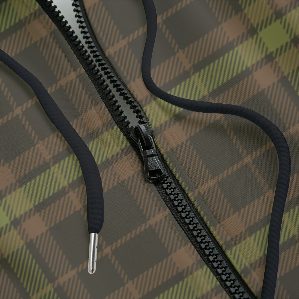 Front detail of black zipper hoodie with a plaid camouflage pattern on a black background