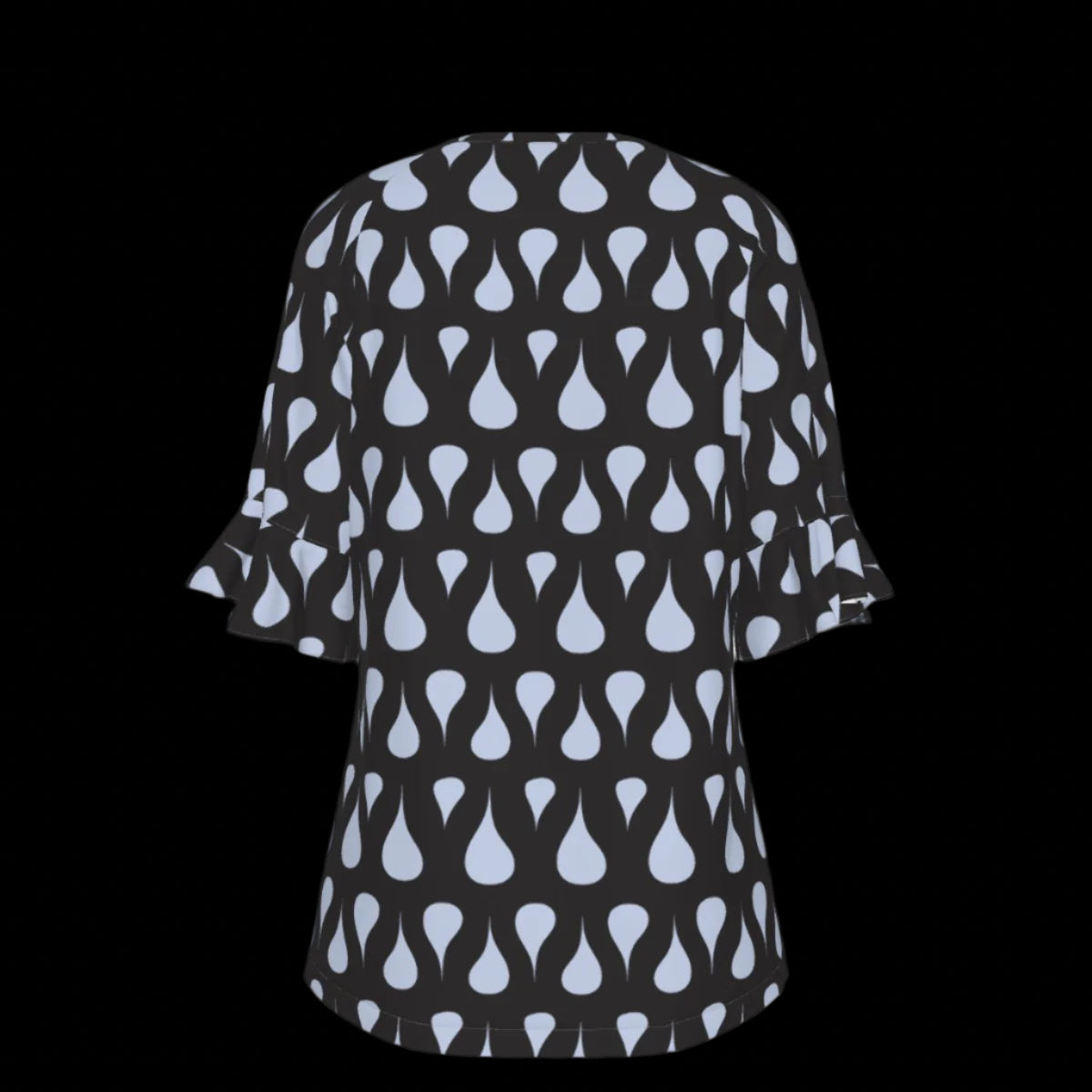 Back of green leaf patterned blouse on a black background