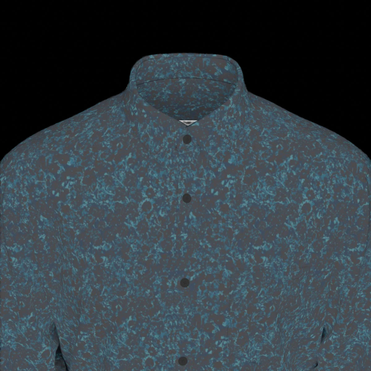 Top front of blue patterned shirt on a black background