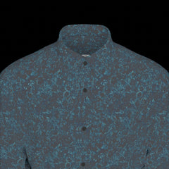Top front of blue patterned shirt on a black background