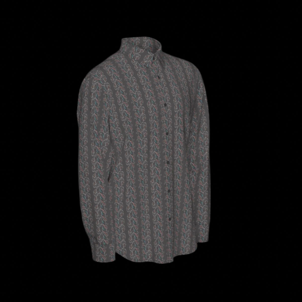 Right side of a gray patterned short sleeve shirt on a black background