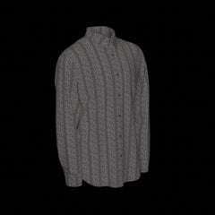 Right side of a gray patterned short sleeve shirt on a black background