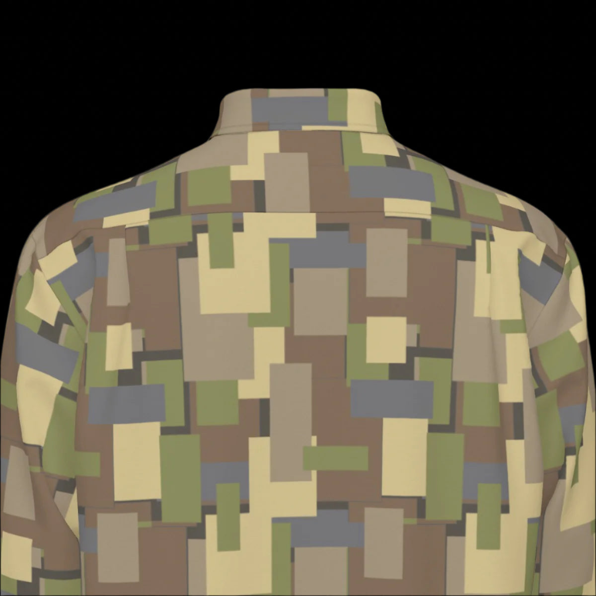 Top back of a camouflage-patterned long sleeve shirt on a black background