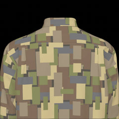 Top back of a camouflage-patterned long sleeve shirt on a black background