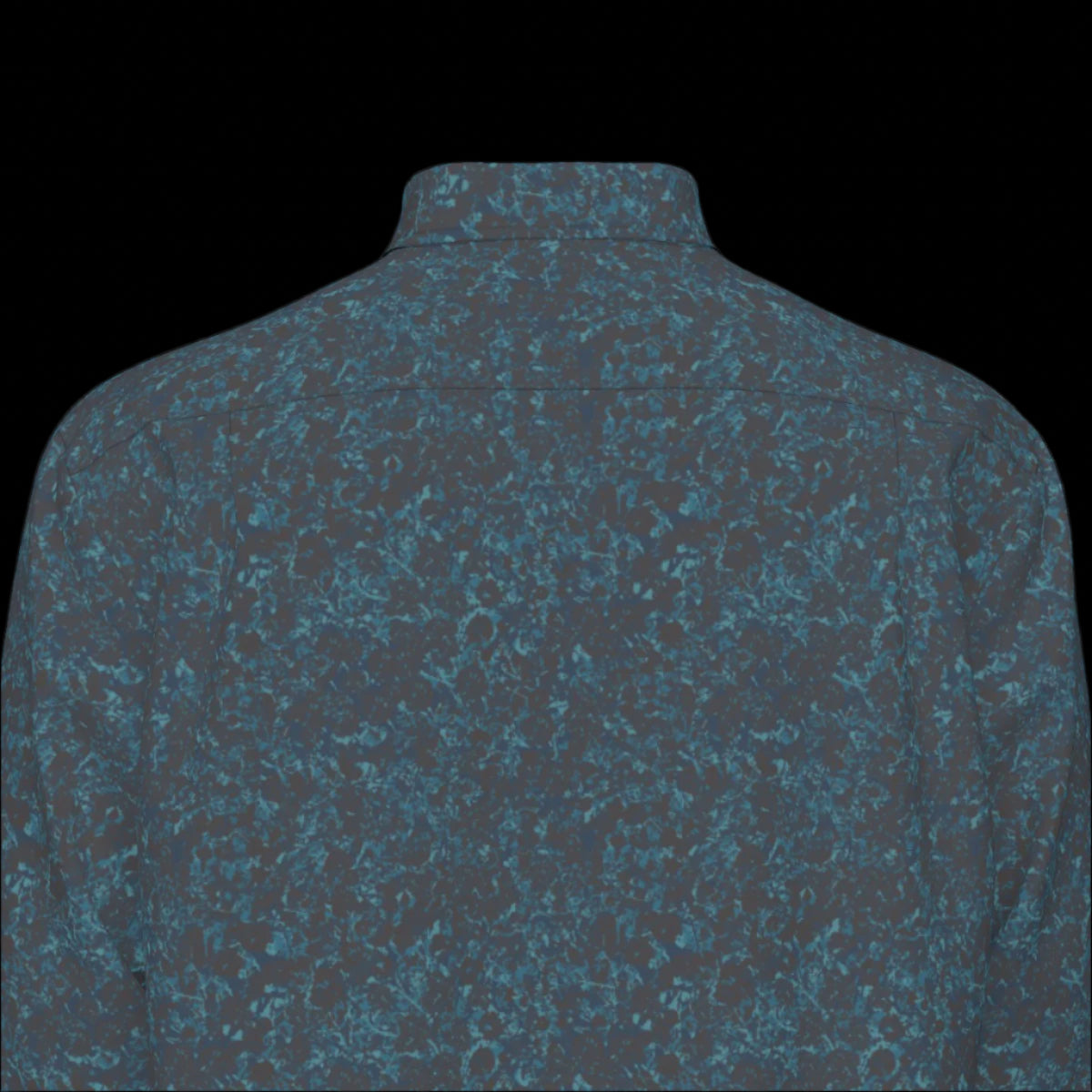 Top back of blue patterned shirt on a black background