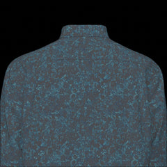 Top back of blue patterned shirt on a black background