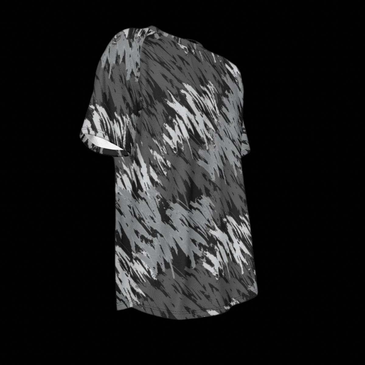 Right side of black and gray patterned t-shirt on a black background