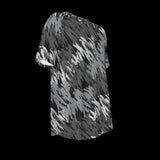 Right side of black and gray patterned t-shirt on a black background