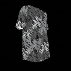 Right side of black and gray patterned t-shirt on a black background