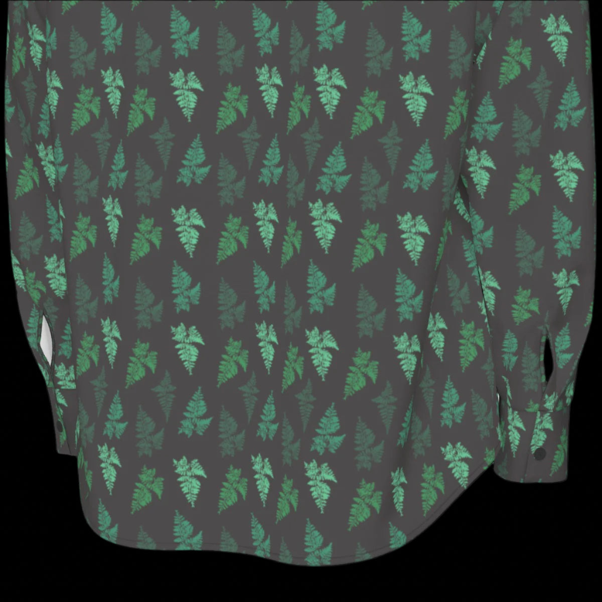 Bottom back of green and black patterned long sleeve shirt on a black background
