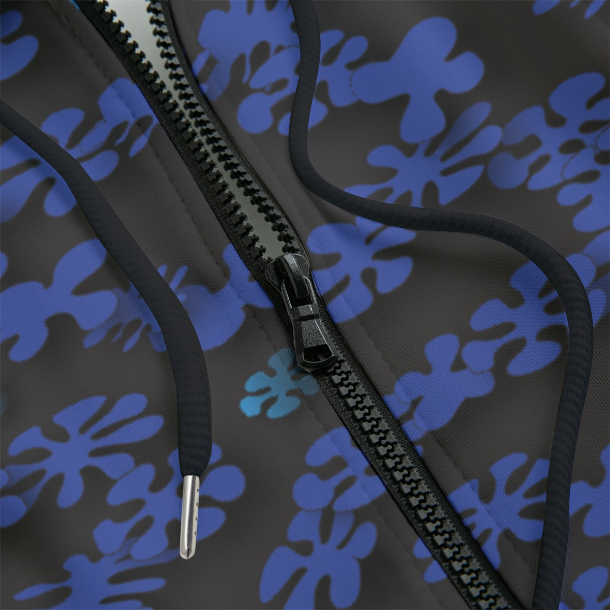 Front detail of Hoodie with blue and black abstract pattern