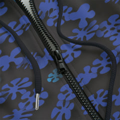 Front detail of Hoodie with blue and black abstract pattern