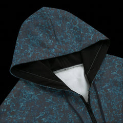 Front top of black zippered hoodie with a blue design on a black background