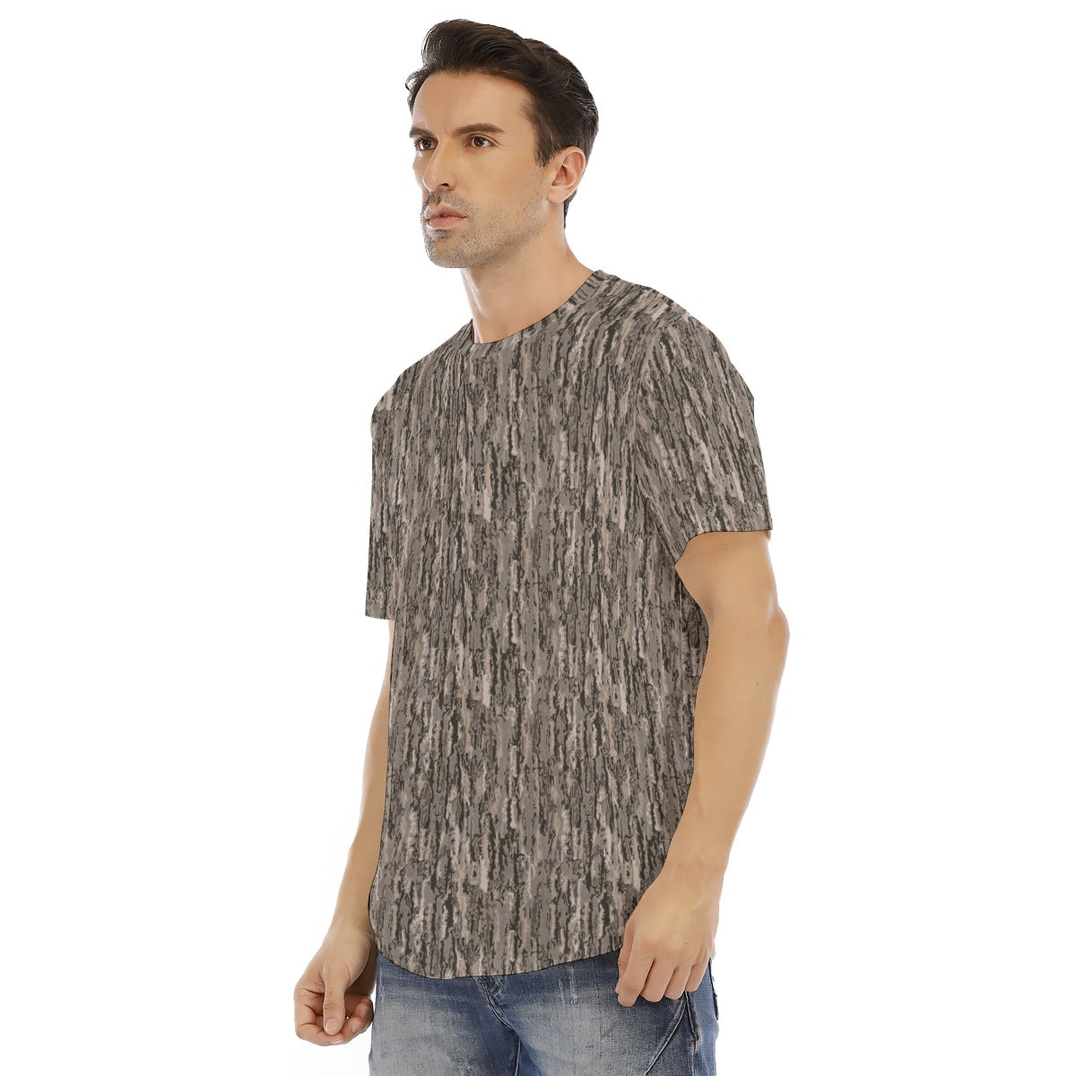 Men's Short Sleeve Rounded Hem T-shirt / Camo Tree Bark Small Design