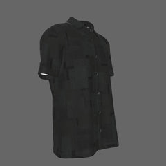 Right side of a black textured short-sleeve button-down shirt on a black background