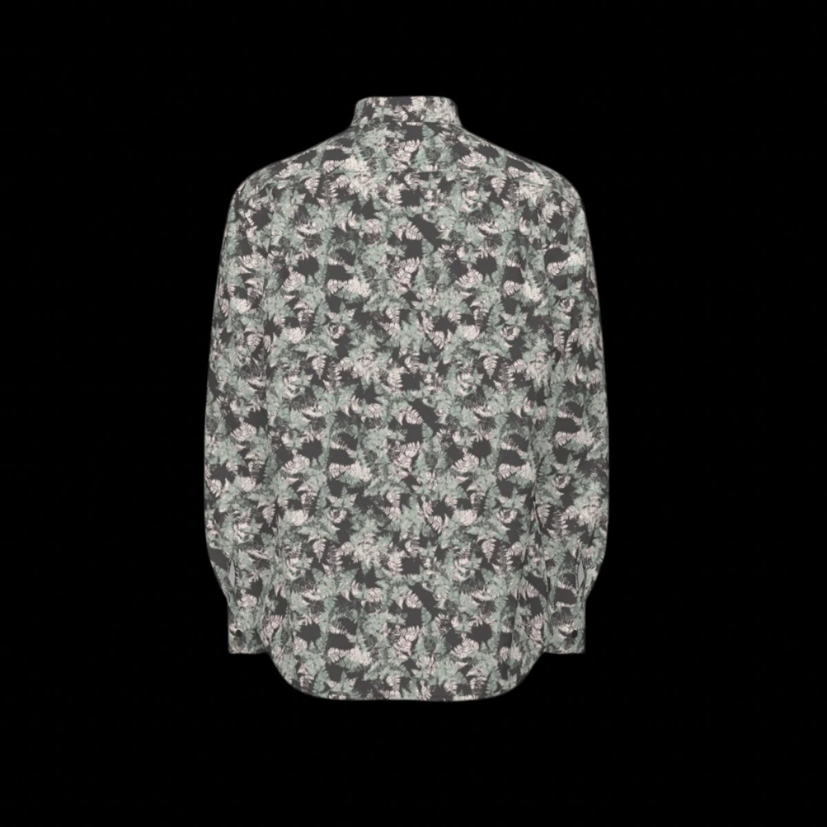 Back of floral patterned long sleeve shirt on a black background