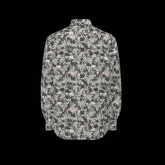 Back of floral patterned long sleeve shirt on a black background