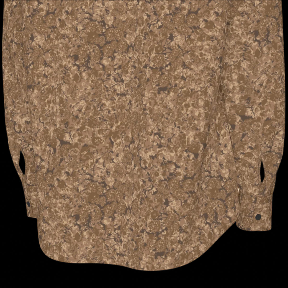 Bottom back of brown patterned long sleeve shirt on a black background